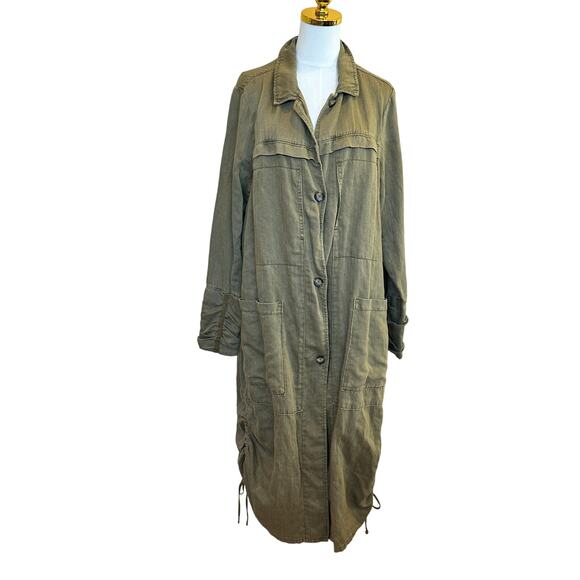 Free People Olive Duster Trench Coat LARGE Oversized Linen Long Fall Grunge Rare - Picture 5 of 9